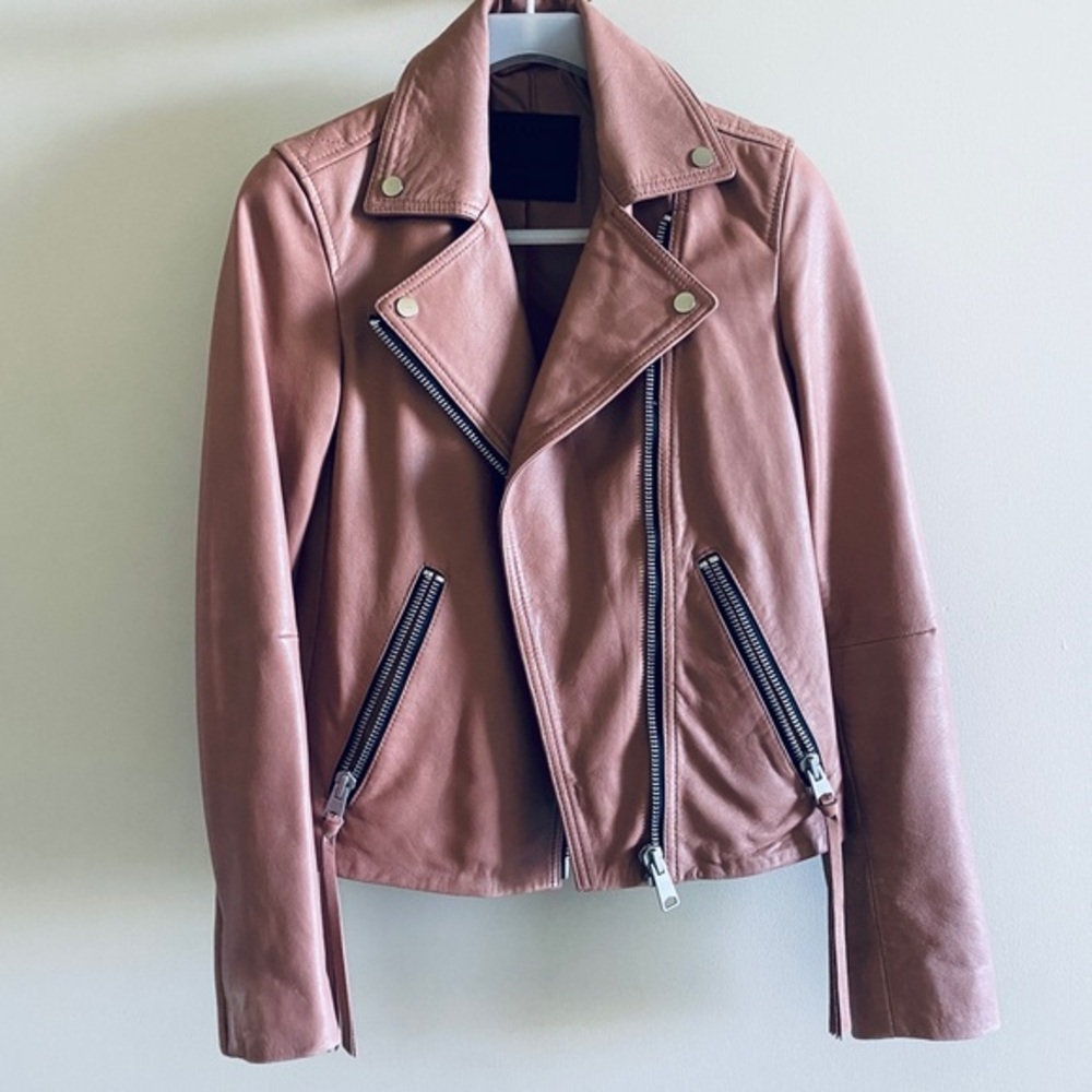 Allsaints Leather Dalby Biker Jacket Rose Pink